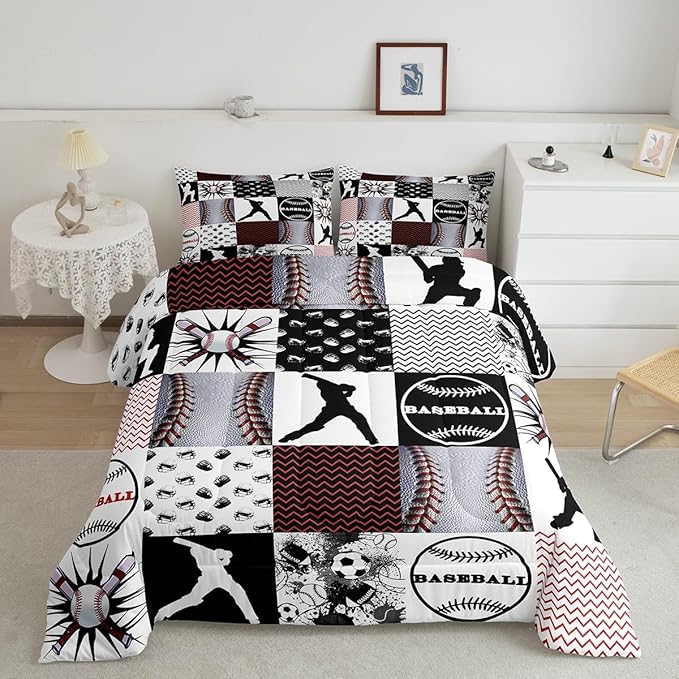 Feelyou Rugby Sports Comforter Set Full Size Football Comforter for Boys Girls Teens Baseball Bedding Set Basketball Duvet Set Room Decor Balck Grey White Mixed Ball Quilt Set