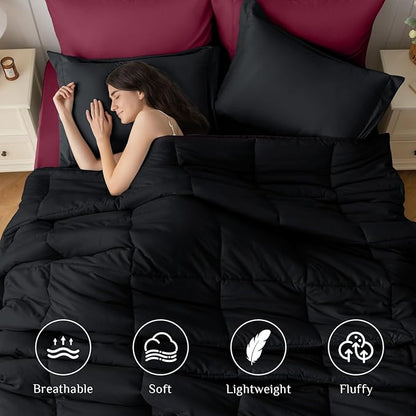 JOLLYVOGUE Twin Comforter Set, Ultra-Soft Bed in a Bag Twin Size 5 Pieces, Oeko-TEX Certified Bedding Set with Down Alternative Comforter, Sheets, Pillowcases & Shams, Burgundy & Black