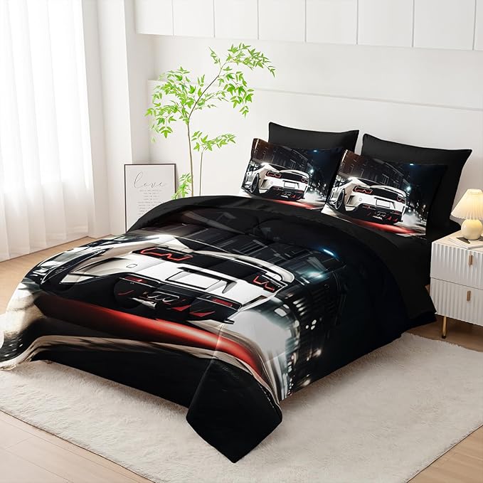 Sports Car Comforter Set Queen Size 7PCS, White Racing Car Bed Set Light White Racing Car Bedding Set 7 Piece in A Bag,Bed Sheet Set Racing Car Decor,Microfiber Lightweight All Season