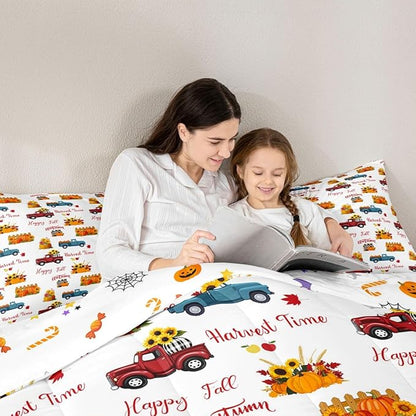 Happy Fall Bedding Set For Kids Twin Plaid Pumpkin Truck Comforter Set Thanksgiving Harvest Season Bedding Comforter Sets Autumn Sunflower Harvest Time Quilt Duvet Red Blue Orange 1 Pillow Case