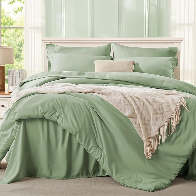 Anluoer Sage Green Twin Size Comforter Set 5 Pieces, Bed in a Bag with Sheets, All Season Bedding Sets with 1 Comforter, 1 Pillow Sham, 1 Pillowcase, 1 Flat Sheet, 1 Fitted Sheet