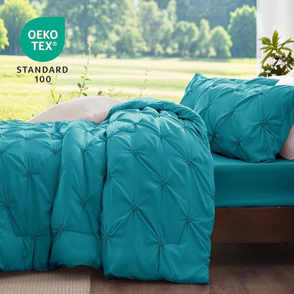 BEDELITE Teal Twin Comforter Set - 2 Peices Boho Pintuck Bedding Comforter Sets, Lightweight Soft & Warm Twin Bedding Sets with 1 Pillowcase for All Season