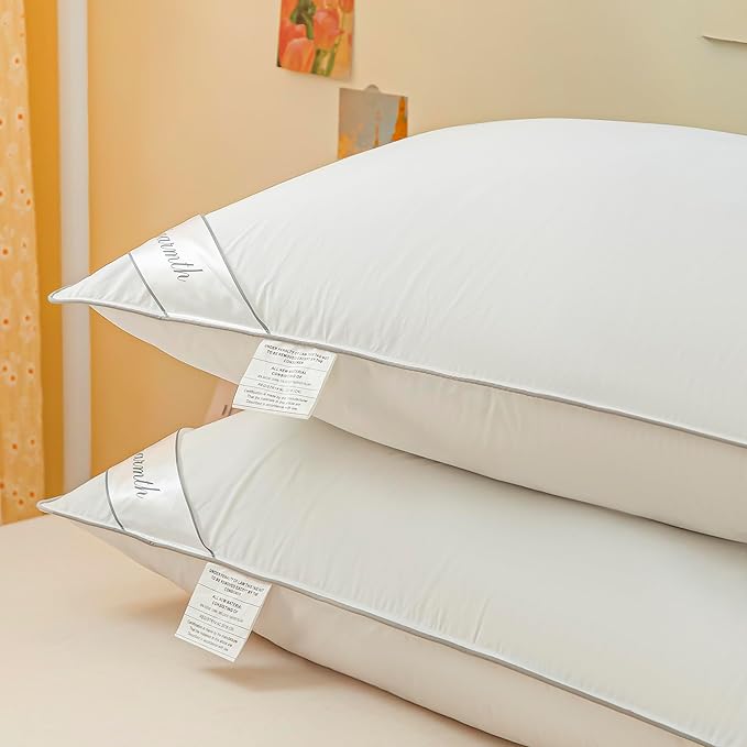 Goose Feathers Down Pillows for Sleeping, Hotel Collection Bed Pillow with Grey Piping Queen Size (20X30IN) 1 Pack