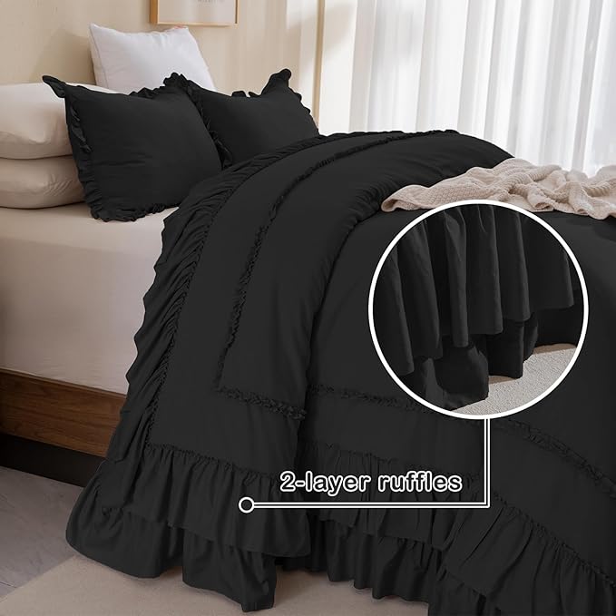 Masaca Oversized King Comforter 128x120,Shabby Boho Chic Farmhouse Bedding Comforter with Ruffles Vintage Soft French Country Bedding Set Lightweight Black Ruffled Extra Large King Comforter 3 Pcs