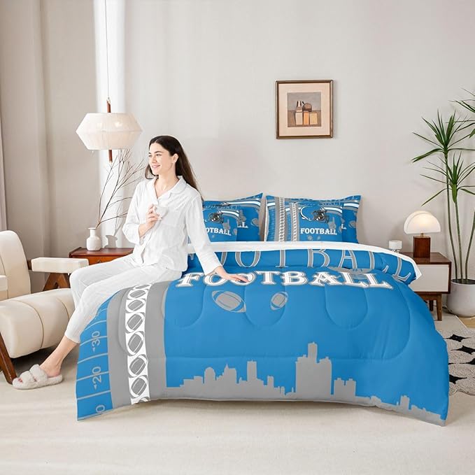 Feelyou Football 7 Pieces Comforter Sets Twin Size Rugby Sports Bedding Set for All Season Football City Bed in a Bag with Comforter, Sheets, Pillowcases & Cushion Cover
