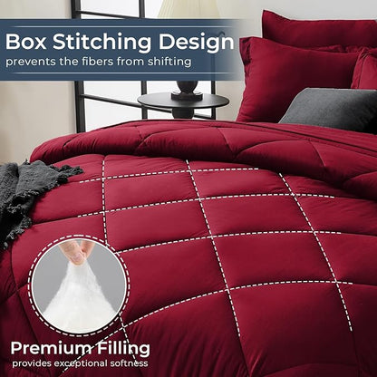 HEVUMYI Red Full Comforter Set - 7-Piece All Season Bed in a Bag Full, Ultra Soft Bedding Set with Comforter, Flat Sheet, Fitted Sheet, Pillowcases, Pillow Shams