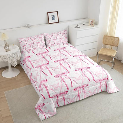 Feelyou Pink Girls Bow Comforter Set Twin Size Cute Bowknot Bedding Set Bow Comforter Kawaii Duvet Bow and Stripes Quilt 2Pcs