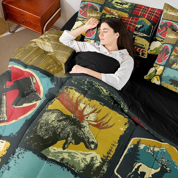 Erosebridal Farmhouse 7 Piece Comforter Set Queen Rustic Cabin Camper Bedding Set Retro Woodland Bear Deer Wildlife Duvet Insert Pike Fish Hunting Animal Plaid Sheet Set with Comforter Bedroom Decor