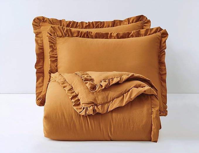 Chezmoi Collection Nora Spice Orange Comforter Set King Size 3-Piece Fluffy Soft Stone-Washed Ruffled Shabby Chic Bedding for All Season