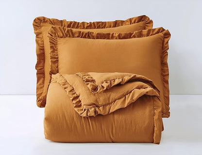 Chezmoi Collection Nora Spice Orange Comforter Set Queen Size 3-Piece Lightweight Fluffy Soft Stone-Washed Ruffled Shabby Chic Bedding for All Season