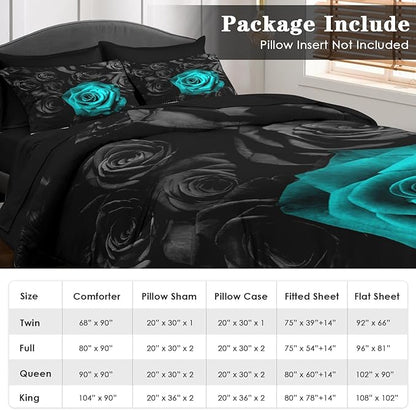 Comforter Set Queen Size, Cyan Rose Flower 7 Pcs Bedding for Kids and Adults, Summer Vintage Floral Bed Sheet Sets with Fitted Sheet 2 Pillowcases & 2 Shams for Bedroom Bed Decor