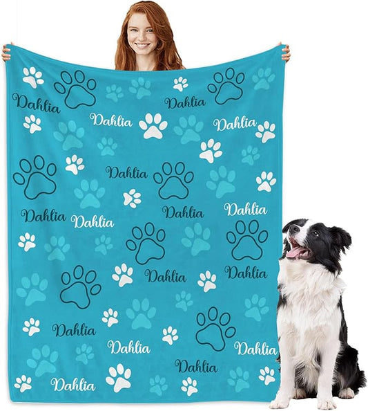 Personalized Dog Blankets with Name, Custom Paw Print Blanket for Large Medium Small Dogs Christmas, Birthday Gifts, Soft Throw Puppy Blanket - Customized Memorial Blanket Gifts for Pet Lovers