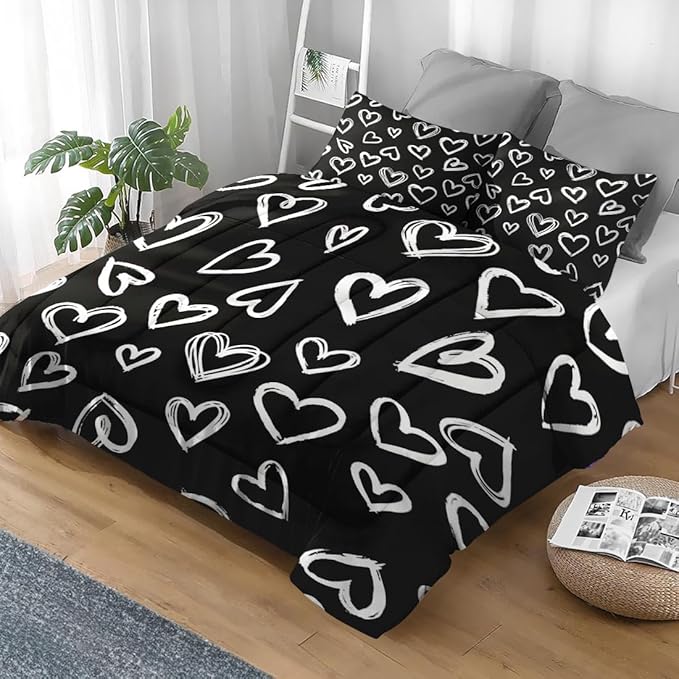 Comforter Set Twin Size, Love Cute Valentine Soft 2 Pcs Bedding for Kids and Adults, Polka Heart White Comforter Set with Pillowcase, for Bedroom Bed Decor
