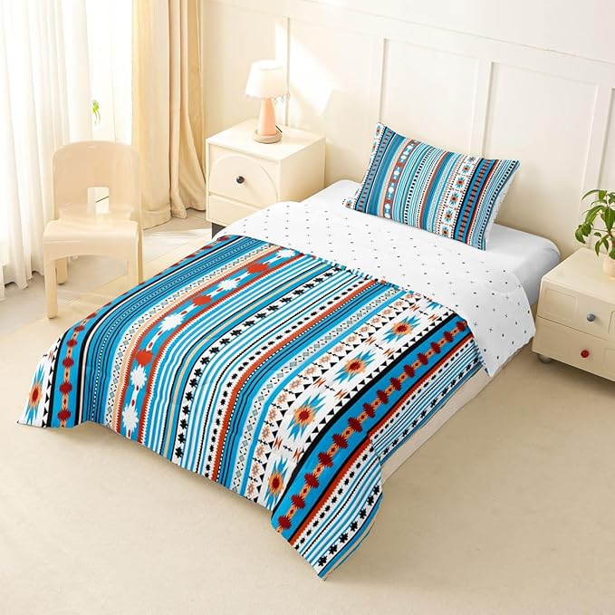 Erosebridal Southwestern Comforter Set Twin Bohemian Geometric Quilt, Ethnic Tribal Arrow Bedding Set Western Duvet Insert, Country Western Bedroom Decor Blue White