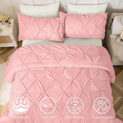 JOLLYVOGUE King Size Comforter Set 7 Pieces - Bed in a Bag King for All Season, Pintuck Bedding Comforter Sets with Comforter, Flat Sheet, Fitted Sheet and Pillowcases & Shams, Pink & Ivory