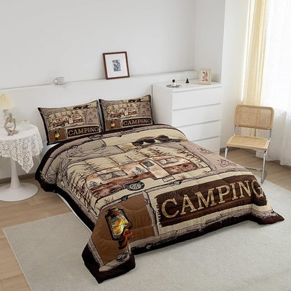 Happy Camping Comforter Set,RV Bedding Set for Kids Boys RV Gift,Rustic Farmhouse Camping Lovers Bedding Comforter Sets Vintage Country Woodland Hunting Animal Duvet Insert with 2 Pillowcases,King