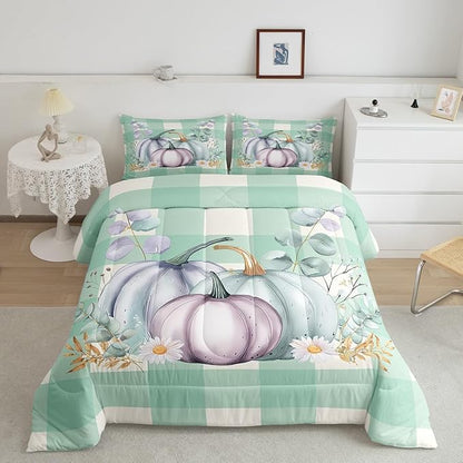 Fall Harvest Pumpkin Bedding Set Rustic Thanksgiving Queen Comforter Set Watercolor Farmhouse Buffalo Plaid Check Bedding Comforter Sets Eucalyptus Leaves Duvet Insert Pastel 2 Pillow Cases