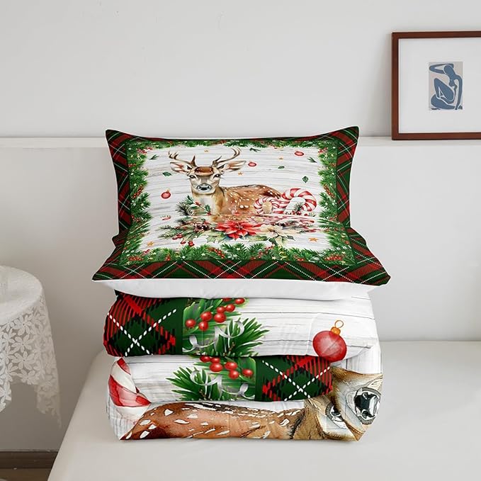 Castle Fairy Merry Christmas 3 Pcs King Size Comforter Set,Red Green Geometric Grid Down Alternative Adults Bedroom Decor,Xmas Deer Elk Farmhouse Ultra Soft Microfiber Inner Fill 3Pcs Bedding