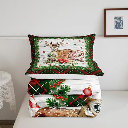 Castle Fairy Xmas Deer Elk Farmhouse Boys Girls Comforter Set Full Size,Merry Christmas Duvet Set Teens Bedroom Decor,Red Green Geometric Grid Microfiber Soft Bedding