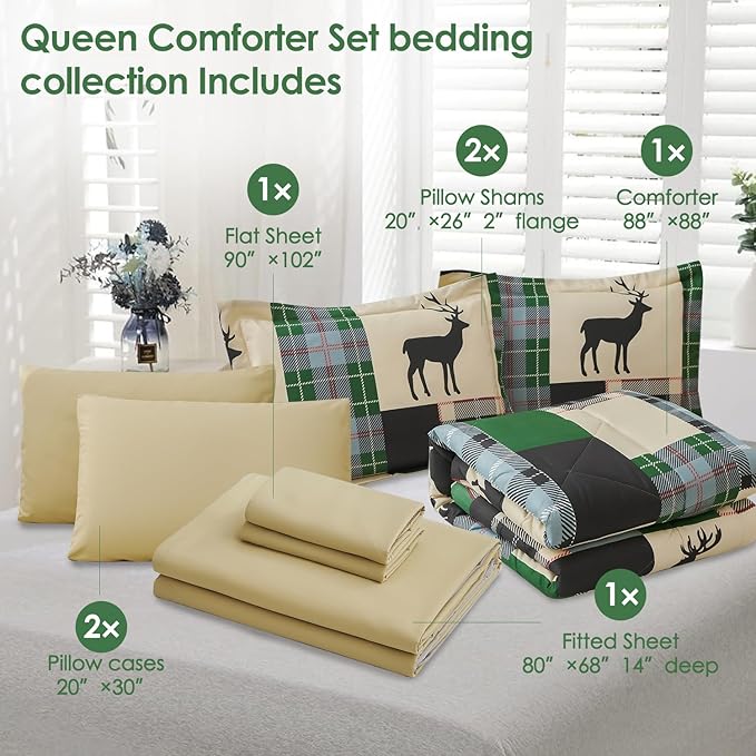 Comforter Set Queen Size Plaid Patchwork Comforter Bedding-7 Piece Bed in a Bag,Rustic Soft Reversible Microfiber Bedding Set(1 Comforter,1 Flat Sheet,1 Fitted Sheet,2 Pillowcases,2 Pillow Shams)Green