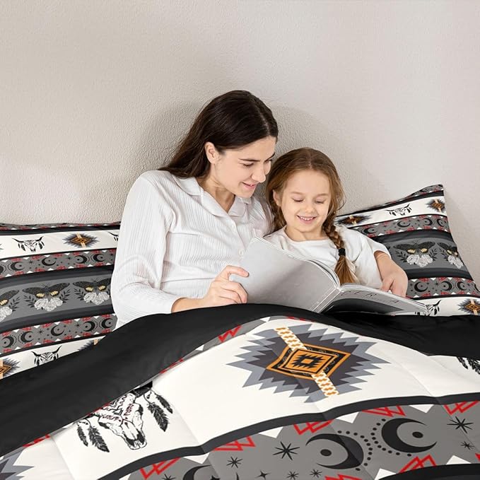 Erosebridal Exotic Moth Queen Comforter Set Bull Skull Quilt for Kids Child Boys Girls,Western Boho Bedding Set Geometric Aztec Decor Western Duvet Insert,Tribe Arrow Bohemian Room Decor Grey
