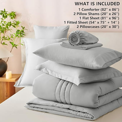 CozyLux Full Comforter Set - 7 Pieces Bed in a Bag Light Grey Comforter Set with Sheets Luxury Bed Set All Seasons, Soft Bedding Set with Down Alternative Comforter, Sheets, Pillowcases & Shams