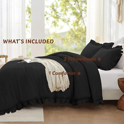 FUANNA King Size Comforter Set Black, 3 Pieces Ruffle King Bedding Set, Fluffy Farmhouse Bed in a Bag King with 1 Lightweight Comforter & 2 Pillowshams