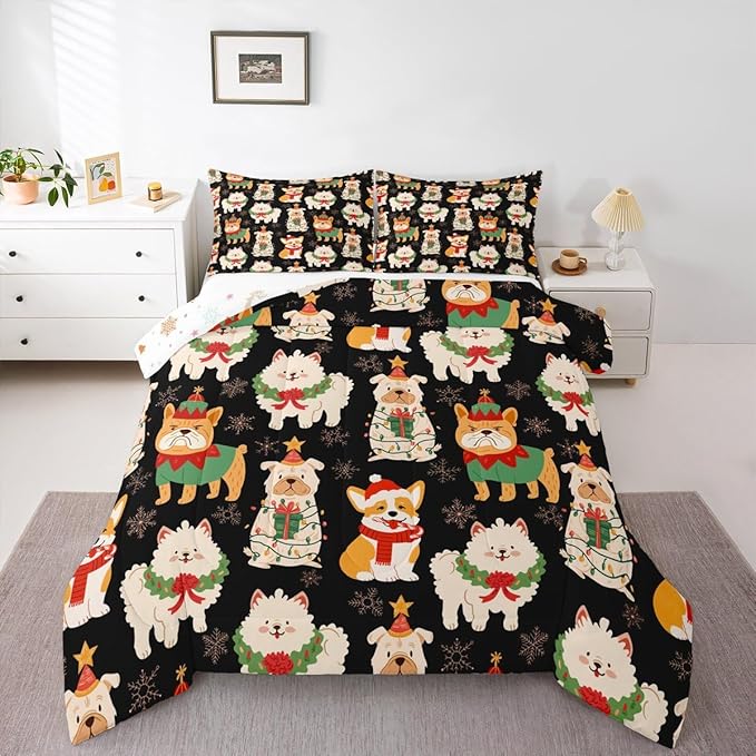 Castle Fairy Cute Puppy Dog Animal 3 Pcs Queen Size Comforter Set,Merry Christmas Theme Down Alternative Adults Bedroom Decor,Christmas Pets Ultra Soft Microfiber Inner Fill 3Pcs Bedding