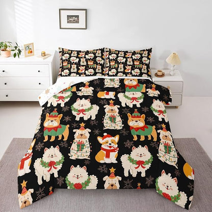 Castle Fairy Christmas Pets King Size Comforter/Duvet Set,Cute Puppy Dog Animal Ultra Soft Bed Collection,Merry Christmas Theme Bedding for Room Decor 3 Pcs,Microfiber Breathable