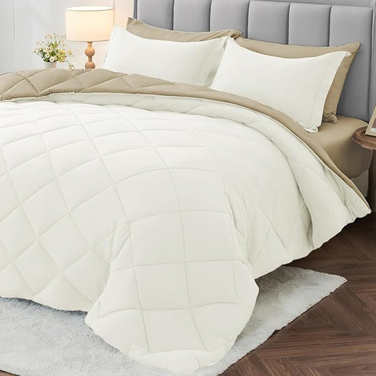 MUXHOMO 7 Pieces California King Comforter Set, Reversible Bed in a Bag Cal King Size, All Season Bedding Set with Comforter, Flat Sheet, Fitted Sheet, Pillowcases & Shams, Ivory & Khaki