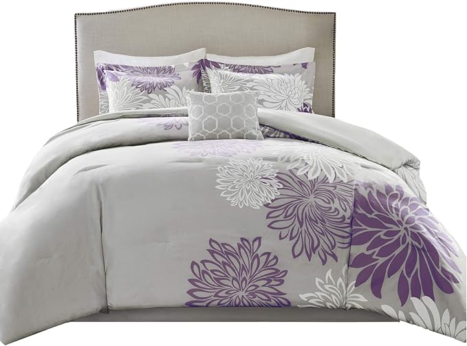 Comfort Spaces Enya Comforter Set-Modern Floral Design All Season Down Alternative Bedding, Matching Shams, Bedskirt, Decorative Pillows, Queen (90"x90"), Purple