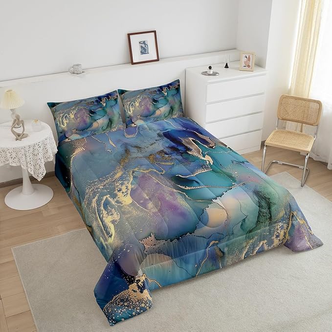 Erosebridal Golden Marble Grain Bedding Set King, Abstract Marble Texture Design Duvet Insert Marbling Comforter Set Iridescent Ink Fluid Art Duvet Filler Pastel Purple Teal Green Home Decor