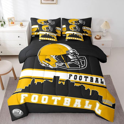 Erosebridal Football City 7 Pcs Comforter Set Queen Football Bedding Boys Girls Yellow Black Rugby Game Sheet Set Bed in A Bag Football Fans Room Decor Sports Ball Team Bed Set