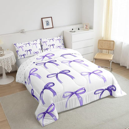 Feelyou Bow Bedding Set Boys Girls Queen Size Purple Girls Bow Comforter Set Ultra Soft Cute Bowknot Comforter Lovely Duvet Set