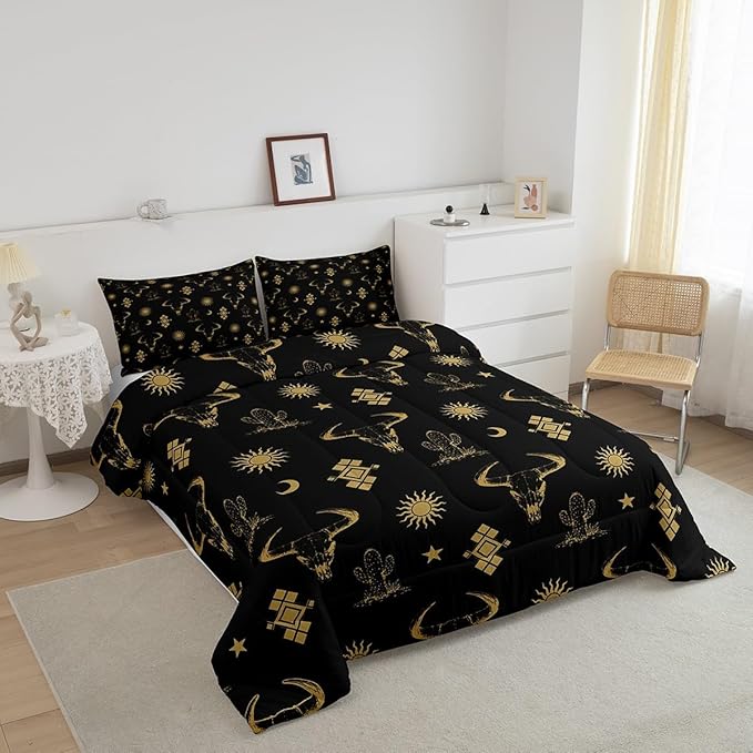 Erosebridal Boho Western Bedding Sets Toddler Black Gold Bohemian Aztec Bull Skull Comforter Set for Boys Teen Men,Southwest Cowboy Quilt Set,Exotic Ethnic Tribal Bed Set Cactus Moon Sun Decor