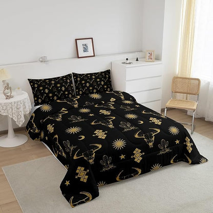Erosebridal Boho Western Bedding Sets Toddler Black Gold Bohemian Aztec Bull Skull Comforter Set for Boys Teen Men,Southwest Cowboy Quilt Set,Exotic Ethnic Tribal Bed Set Cactus Moon Sun Decor