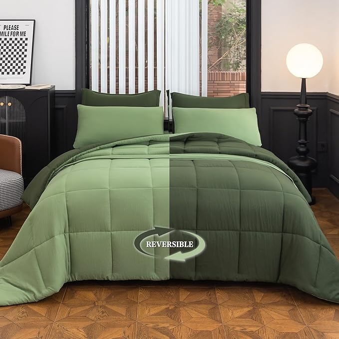 Queen Size Comforter Set - 8 Piece Green All-Season Luxury Bedding with Reversible Lightweight Comforter, Bed Skirt, Flat Sheets, Pillowcases & Pillow Shams