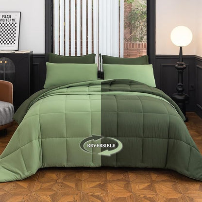 King Size Comforter Set - 8 Piece Dark Green All-Season Bedding with Breathable Reversible Down Lightweight Comforter, Bed Skirt, Flat Sheets, Pillowcases & Pillow Shams