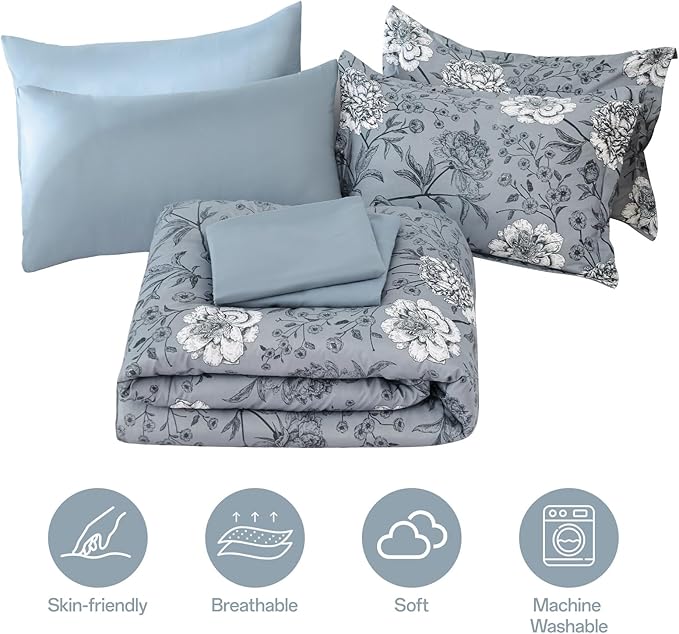 Yiran King Size Comforter Set 7 Piece Bed in a Bag Blue Floral Botanical Soft Microfiber Bedding Set Comforter for All Season Bed Set 104"×90"