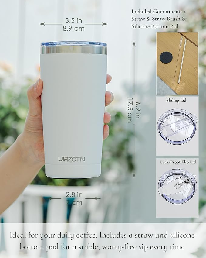 Travel Coffee Tumbler 20oz, Leakproof Travel Coffee Mug with Dual Lids and Straw, Stainless Steel Double Wall Vacuum Insulated Tumbler for Hot/Iced Drinks (White, Textured Matte)