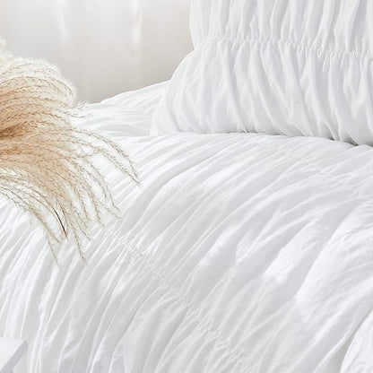Bonlino King Size Fluffy 3 Piece Ruffle Comforter Set with Pillow in White - Soft and Luxury Boho Shabby Chic Bedroom Comforter
