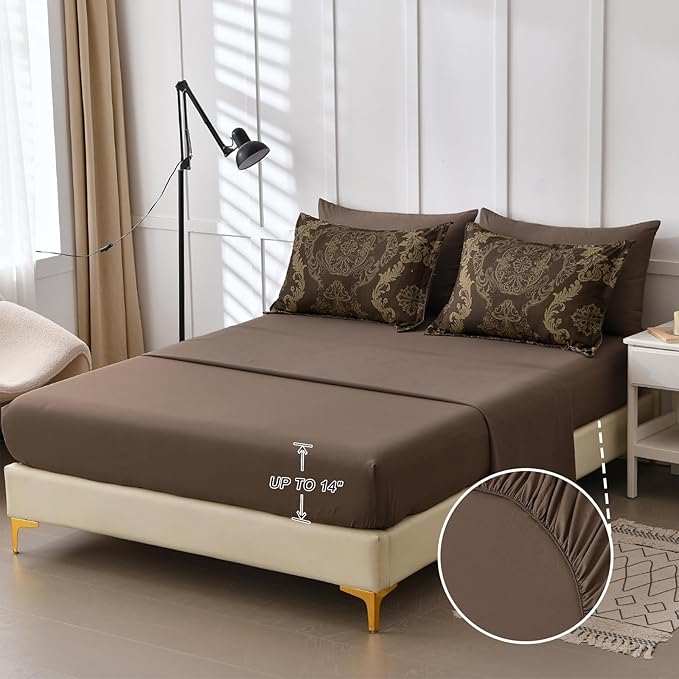 WONGS BEDDING Damask Comforter Set Queen Size, Coffee Gold Texture Design 7 Pcs Bed in a Bag Microfiber Comforter Bedding Sets -1 Comforter, 1 Flat Sheet, 1 Fitted Sheet, 2 Pillow Shams, 2 Pillowcases