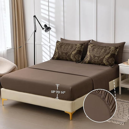 WONGS BEDDING Damask Comforter Set Queen Size, Coffee Gold Texture Design 7 Pcs Bed in a Bag Microfiber Comforter Bedding Sets -1 Comforter, 1 Flat Sheet, 1 Fitted Sheet, 2 Pillow Shams, 2 Pillowcases