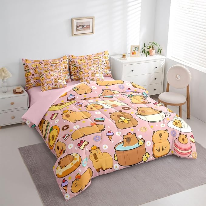 Funny Cute Capybaras 7 Pieces Bedding Set Full Size,Capybara Lover Bed in a Bag,Kawaii Rodent Animals Bed Set Includes Comforter,Sheet Set,Pillowcases & Pillow Covers,Cakes Ice Creams Bedroom Decor
