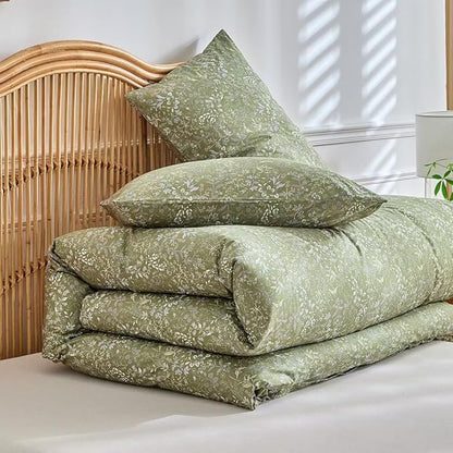 MKXI Vintage Style Comforter Set Full Size Wildflower Comforter Set Floral Bedding Set Green Floral Duvet Comforter Microfiber Bed Set Soft Reversible Farmhouse Comforter Army Green