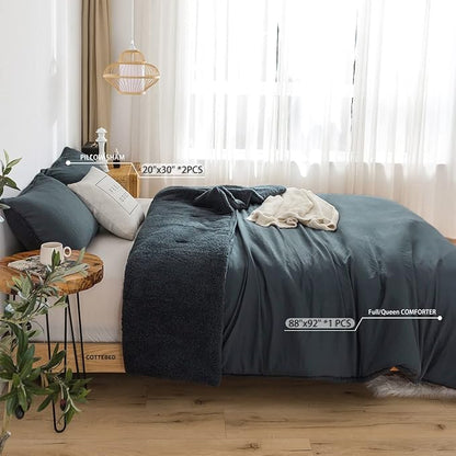 Warmth Queen Comforter Set - Super Soft Fluffy Sherpa Fleece PolyCotton Down Alternative Bedding Blanket Comforter Pillowsham, Plush Medium Weight for Winter Autumn, Dark Dusty Blue Grey Full/Queen