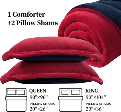 Petrichor Velvet Flannel Queen Comforter Set- Red and Navy Blanket,Luxury Fuzzy Heavy Bedding Set, 3 Pieces Plush Winter Bed Set with Comforter (90"x90") & 2 Pillow Shams (20"x26")