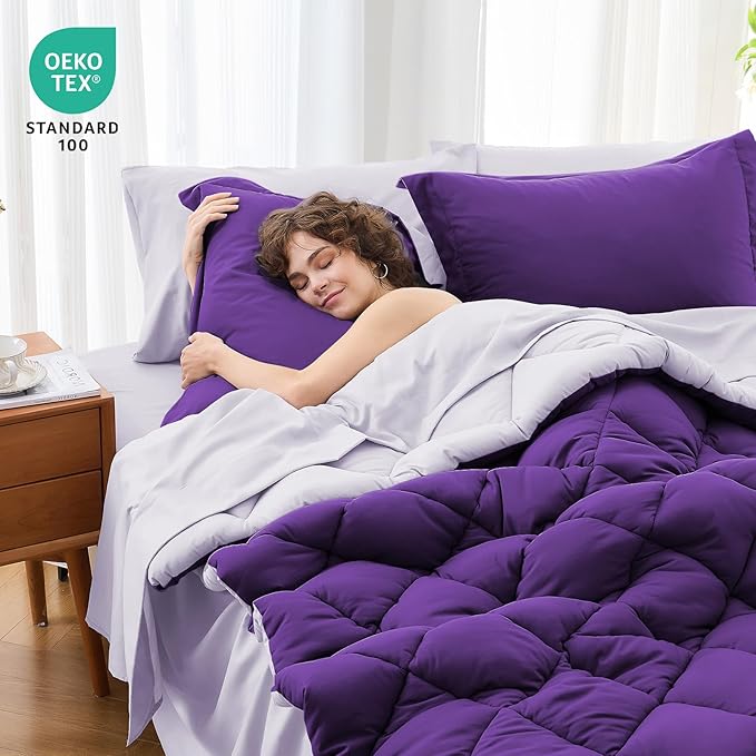 MUXHOMO 7 Pieces Oversized Queen Comforter Set, Reversible Bed in a Bag Oversized Queen Size, All Season Bedding Set with Comforter, Flat Sheet, Fitted Sheet, Pillowcases & Shams, Purple & Lavender