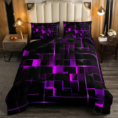 Erosebridal Geometric Violet Black Comforter Set,Light Honeycomb 3 Piece Bedding Set Full Size for Teen Boys,Modern Bedding Quilt Decor,Microfiber Lightweight 1 Comforter 2 Pillowcases