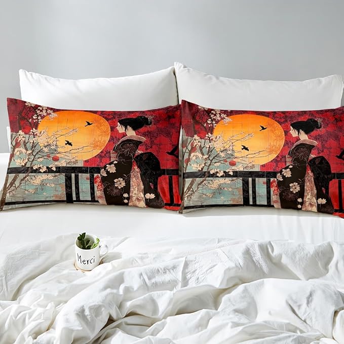 Erosebridal Japanese Style Comforter Set, Cherry Blossoms Down Comforter Full Size for Kids Girls Women Bedroom Decor, Sakura Flower Bedding Set, Japan Ukiyo-E Quilt, Red, Lightweight